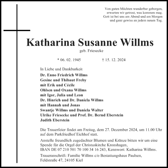 Traueranzeige von Katharina Susanne Willms von Kieler Nachrichten