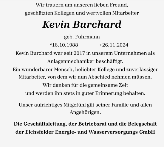 Traueranzeige von Kevin Burchard von Eichsfelder Tageblatt