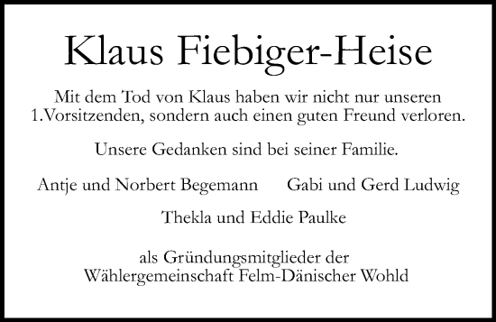 Traueranzeige von Klaus Fiebiger-Heise von Kieler Nachrichten