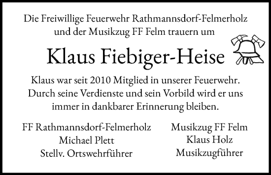 Traueranzeige von Klaus Fiebiger-Heise von Kieler Nachrichten