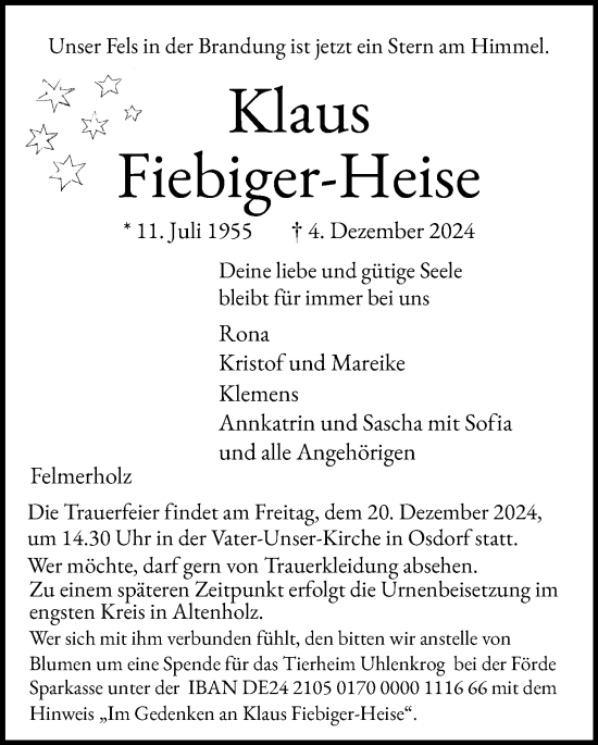 Traueranzeige von Klaus Fiebiger-Heise von Kieler Nachrichten