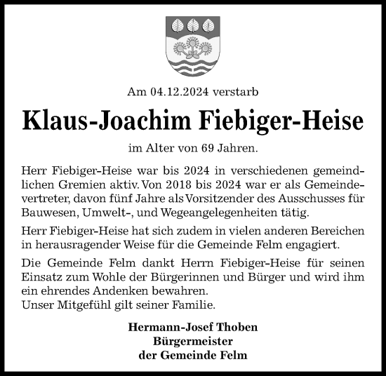 Traueranzeige von Klaus-Joachim Fiebiger-Heise von Kieler Nachrichten