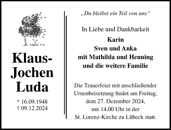 Traueranzeige von Klaus-Jochen Luda von Lübecker Nachrichten