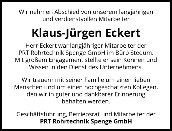 Traueranzeige von Klaus-Jürgen Eckert von Peiner Allgemeine Zeitung