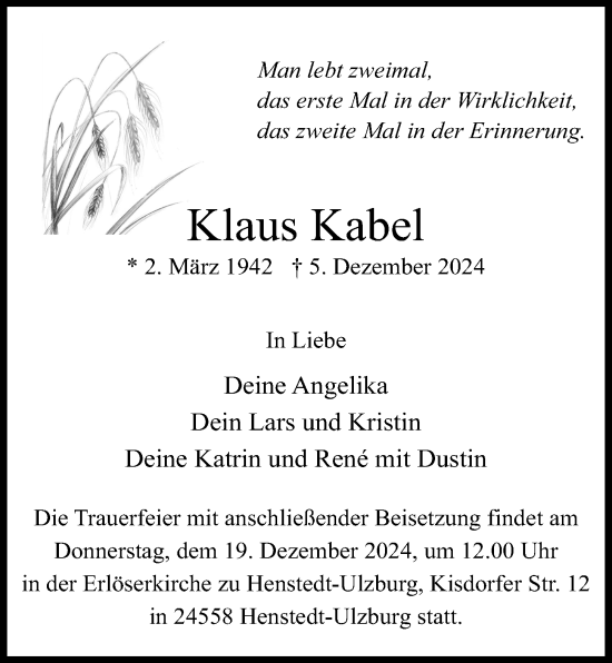 Traueranzeige von Klaus Kabel von Kieler Nachrichten