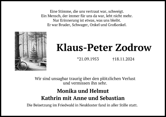 Traueranzeige von Klaus-Peter Zodrow von Peiner Allgemeine Zeitung