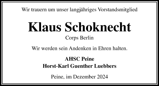 Traueranzeige von Klaus Schoknecht von Peiner Allgemeine Zeitung