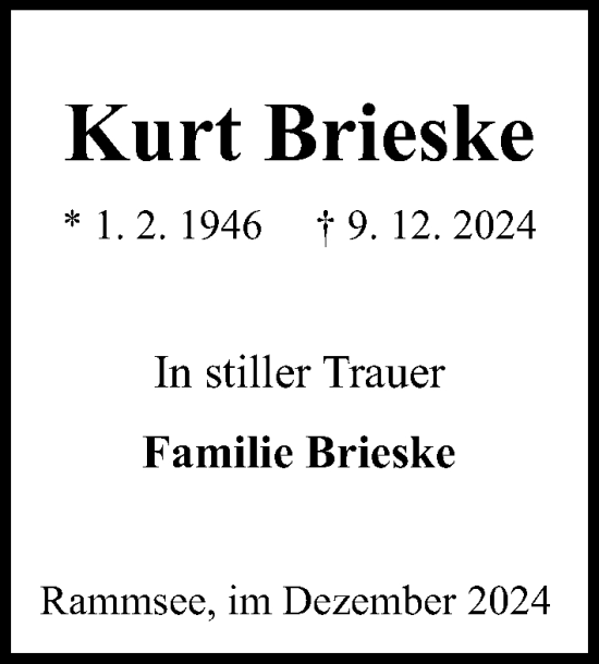 Traueranzeige von Kurt Brieske von Kieler Nachrichten