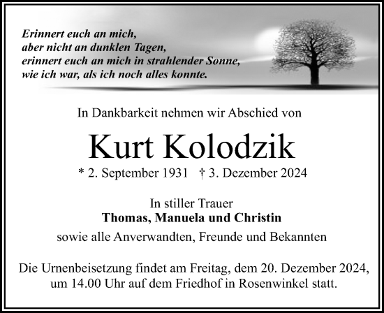 Traueranzeige von Kurt Kolodzik von Wochenspiegel