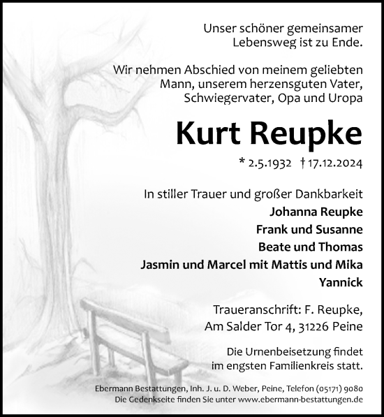 Traueranzeige von Kurt Reupke von Peiner Allgemeine Zeitung