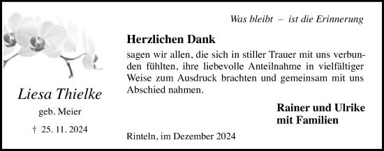 Traueranzeige von Liesa Thielke von Schaumburger Nachrichten und Schaumburger Zeitung/ Landes-Zeitung