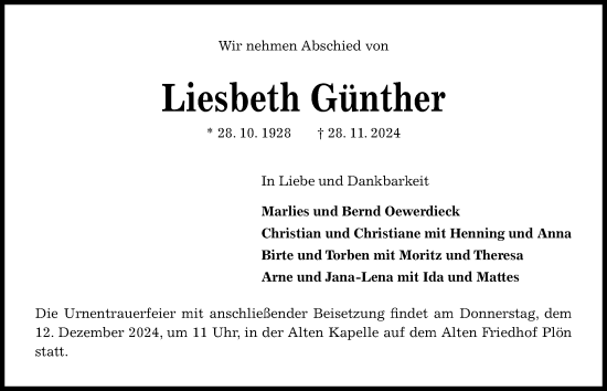 Traueranzeige von Liesbeth Günther von Kieler Nachrichten