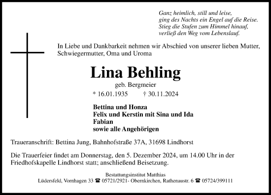 Traueranzeige von Lina Behling von Schaumburger Nachrichten