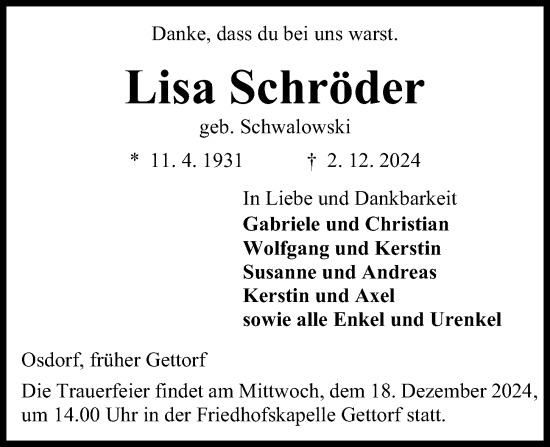 Traueranzeige von Lisa Schröder von Kieler Nachrichten