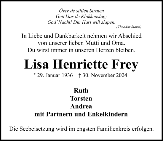 Traueranzeige von Lisa Henriette Frey von Kieler Nachrichten