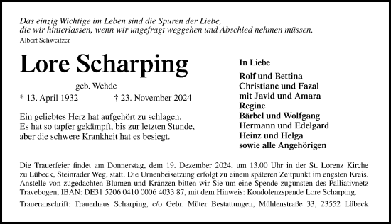 Traueranzeige von Lore Scharping von Lübecker Nachrichten