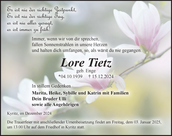 Traueranzeige von Lore Tietz von Wochenspiegel