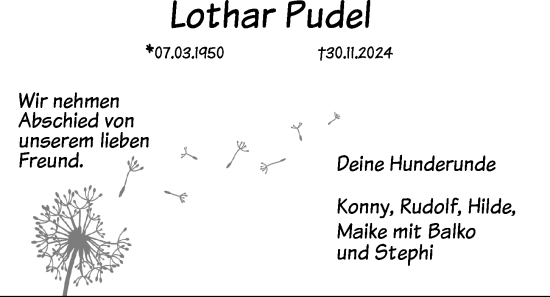 Traueranzeige von Lothar Pudel von Kieler Nachrichten