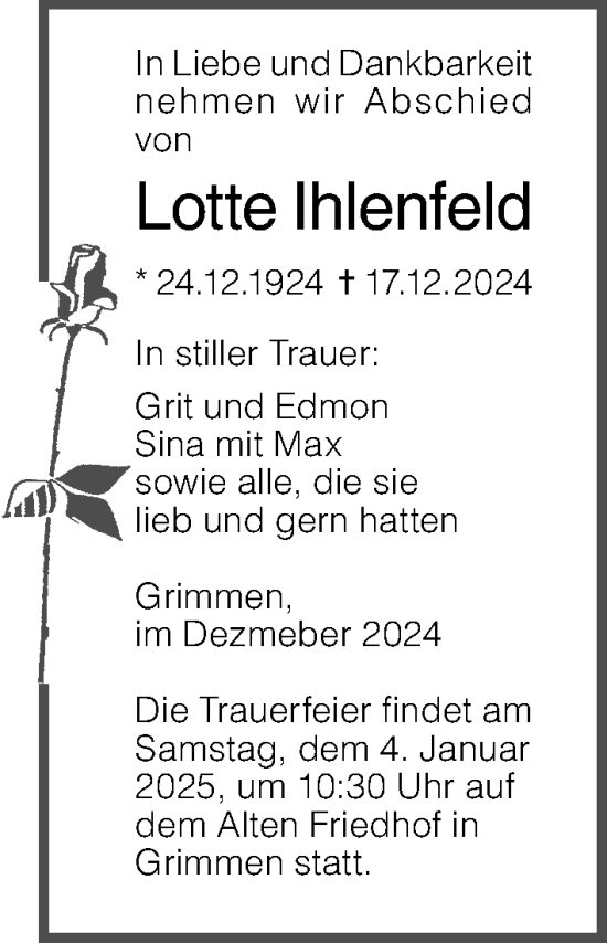 Traueranzeige von Lotte Ihlenfeld von Ostsee-Zeitung GmbH