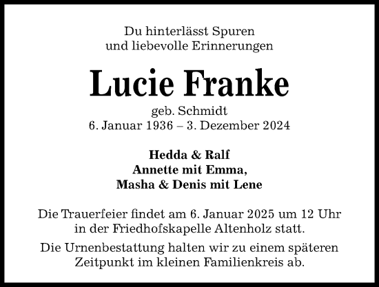 Traueranzeige von Lucie Franke von Kieler Nachrichten