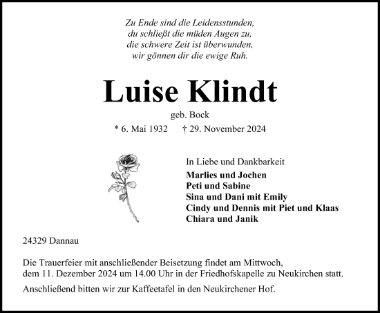 Traueranzeige von Luise Klindt von Kieler Nachrichten