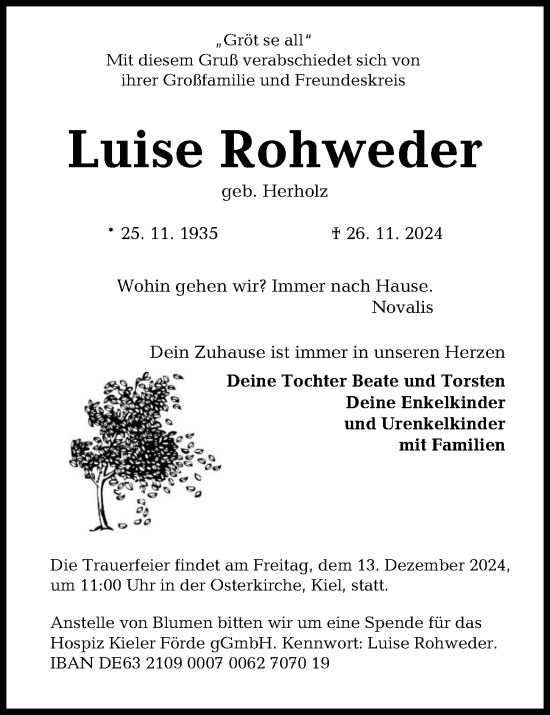 Traueranzeige von Luise Rohweder von Kieler Nachrichten