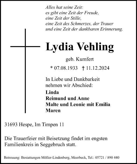 Traueranzeige von Lydia Vehling von Schaumburger Nachrichten