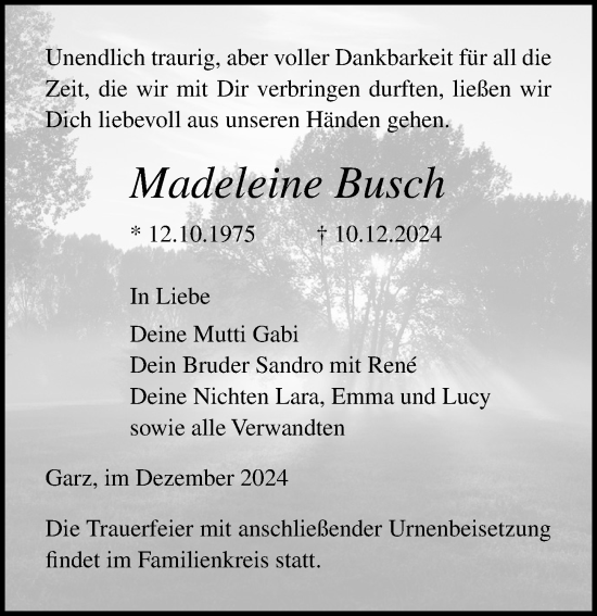 Traueranzeige von Madeleine Busch von Ostsee-Zeitung GmbH