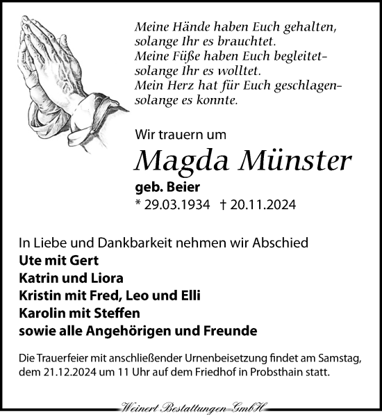 Traueranzeige von Magda Münster von Torgauer Zeitung