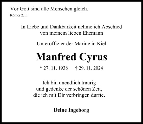 Traueranzeige von Manfred Cyrus von Kieler Nachrichten