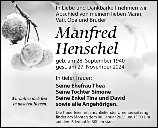 Traueranzeige von Manfred Henschel von Leipziger Volkszeitung