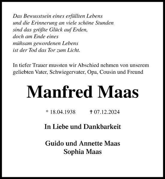 Traueranzeige von Manfred Maas von Lübecker Nachrichten