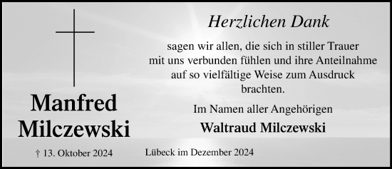 Traueranzeige von Manfred Milczewski von Lübecker Nachrichten