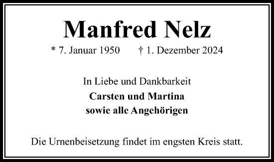 Traueranzeige von Manfred Nelz von Kieler Nachrichten