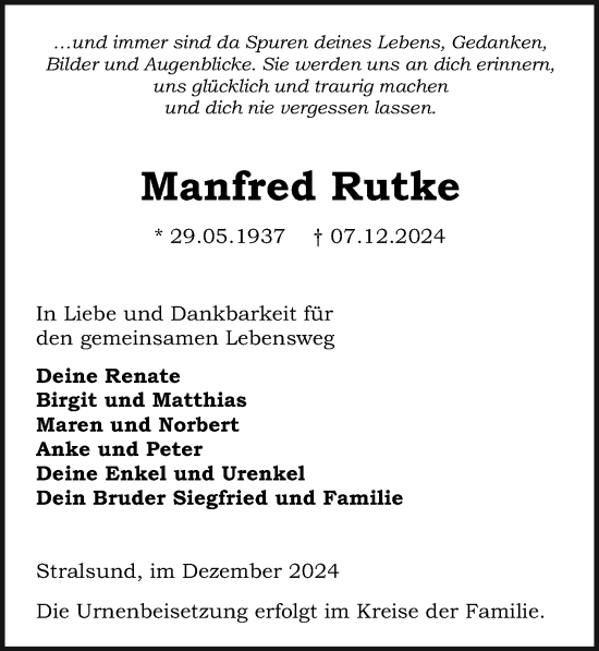 Traueranzeige von Manfred Rutke von Ostsee-Zeitung GmbH