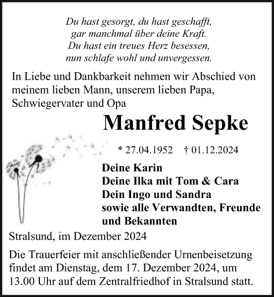 Traueranzeige von Manfred Sepke von Ostsee-Zeitung GmbH