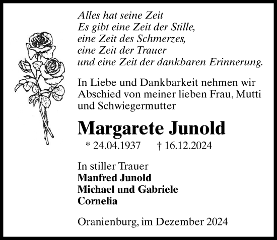 Traueranzeige von Margarete Junold von Märkischen Allgemeine Zeitung