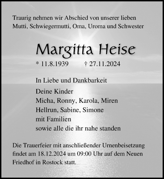 Traueranzeige von Margitta Heise von Ostsee-Zeitung GmbH