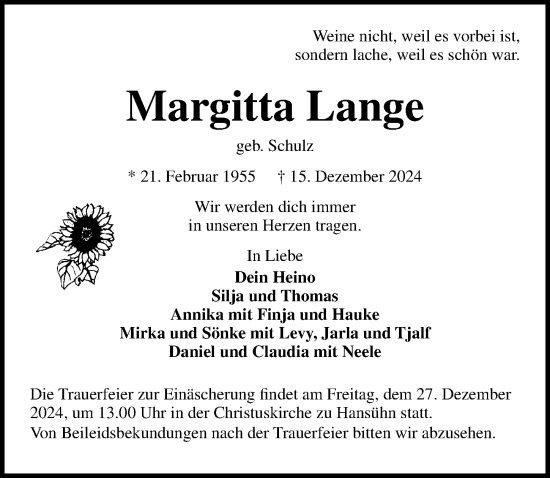 Traueranzeige von Margitta Lange von Lübecker Nachrichten