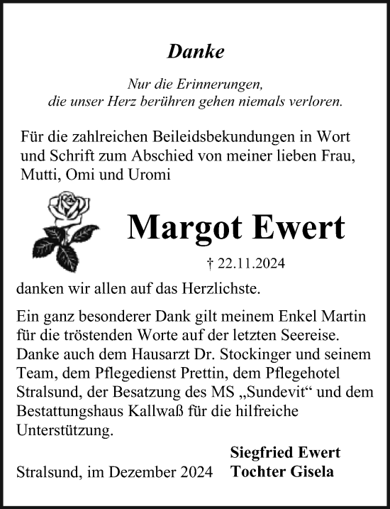 Traueranzeige von Margot Ewert von Ostsee-Zeitung GmbH