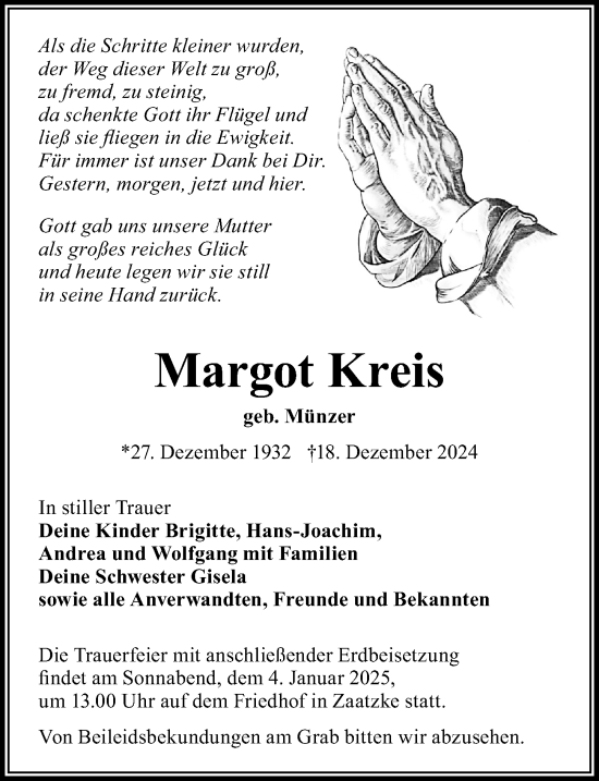 Traueranzeige von Margot Kreis von Wochenspiegel