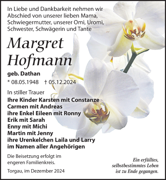 Traueranzeige von Margret Hofmann von Torgauer Zeitung