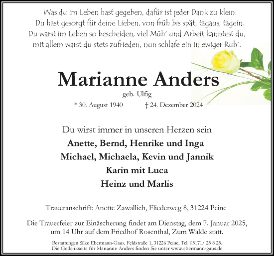 Traueranzeige von Marianne Anders von Peiner Allgemeine Zeitung