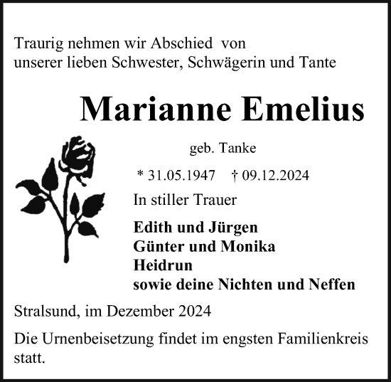 Traueranzeige von Marianne Emelius von Ostsee-Zeitung GmbH