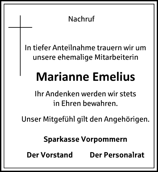 Traueranzeige von Marianne Emelius von Ostsee-Zeitung GmbH