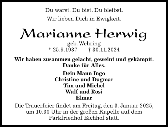 Traueranzeige von Marianne Herwig von Kieler Nachrichten