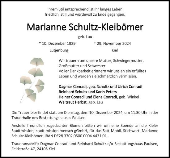 Traueranzeige von Marianne Schultz-Kleibömer von Kieler Nachrichten