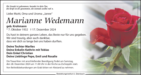 Traueranzeige von Marianne Wedemann von Leipziger Volkszeitung