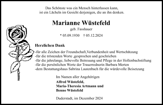 Traueranzeige von Marianne Wüstefeld von Eichsfelder Tageblatt