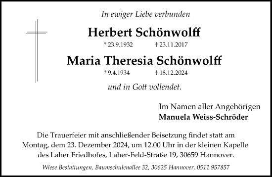 Traueranzeige von Maria Theresia Schönwolff von Hannoversche Allgemeine Zeitung/Neue Presse